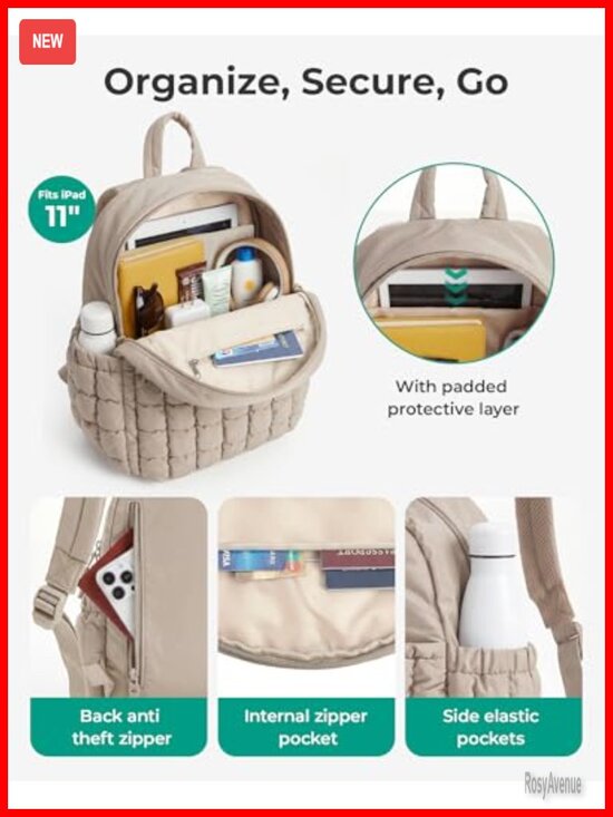 Puffy Checkered Quilted Mini Backpack with Detachable Pouch, Water-Resistant main image 4